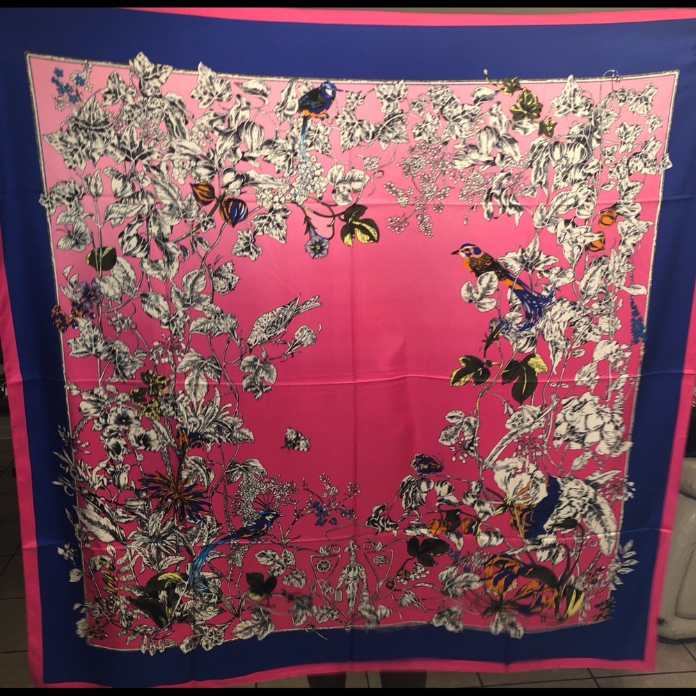 Multi colored silk scarf with birds and flowers